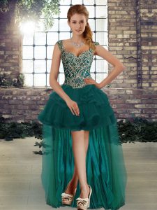 Pretty Dark Green Sleeveless Tulle Lace Up Dress Like A Star for Prom and Party