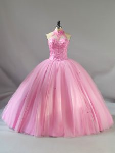 Baby Pink Sleeveless Floor Length Beading Lace Up Quinceanera Dress