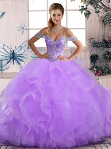 Pretty Lavender Tulle Lace Up Off The Shoulder Sleeveless Floor Length Vestidos de Quinceanera Beading and Ruffles