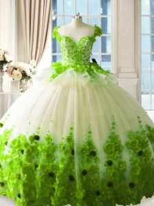 Glamorous Ball Gowns Tulle Scoop Sleeveless Hand Made Flower Floor Length Zipper Ball Gown Prom Dress