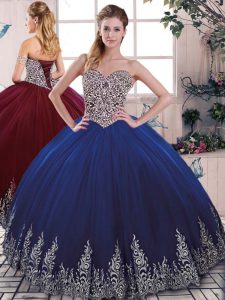Fashion Tulle Sweetheart Sleeveless Lace Up Beading and Embroidery 15 Quinceanera Dress in Royal Blue