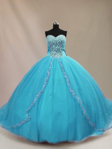 New Style Aqua Blue Sleeveless Tulle Court Train Lace Up Vestidos de Quinceanera for Sweet 16 and Quinceanera