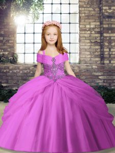 Floor Length Lilac Little Girls Pageant Dress Straps Sleeveless Lace Up
