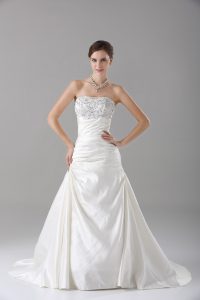 White A-line Strapless Sleeveless Satin Brush Train Lace Up Beading Wedding Dresses