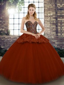 Eye-catching Rust Red Ball Gowns Sweetheart Sleeveless Tulle Floor Length Lace Up Beading and Appliques Quinceanera Dress