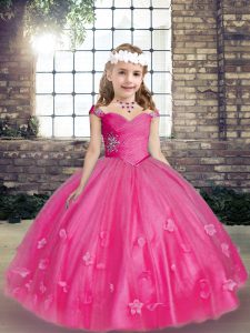 Super Tulle Straps Sleeveless Lace Up Beading and Hand Made Flower Little Girls Pageant Dress in Hot Pink