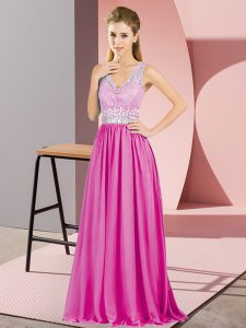 Sleeveless Chiffon Criss Cross Prom Dresses in Hot Pink with Beading and Lace