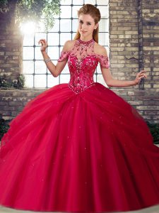 Attractive Brush Train Ball Gowns Sweet 16 Dresses Coral Red Halter Top Tulle Sleeveless Lace Up