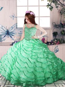 Lace Up Child Pageant Dress Apple Green for Party and Wedding Party with Beading and Ruffled Layers Court Train