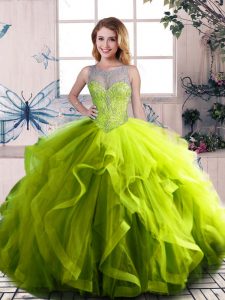 Fine Olive Green Ball Gowns Scoop Sleeveless Tulle Floor Length Lace Up Beading and Ruffles Sweet 16 Dresses