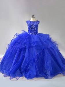 Trendy Royal Blue Ball Gowns Scoop Sleeveless Organza Brush Train Lace Up Beading and Ruffles Vestidos de Quinceanera