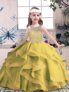 High End Scoop Sleeveless Tulle Pageant Dress for Teens Beading and Ruffles Lace Up