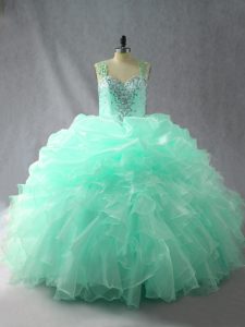 Straps Sleeveless 15th Birthday Dress Floor Length Beading and Ruffles and Pick Ups Apple Green Organza