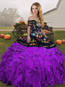 Off The Shoulder Sleeveless Lace Up Quinceanera Gown Black And Purple Organza