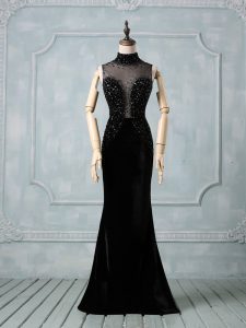 Stunning High-neck Sleeveless Prom Party Dress Brush Train Beading Black Elastic Woven Satin