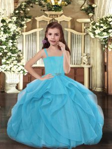 Blue Ball Gowns Tulle Straps Sleeveless Ruffles Floor Length Lace Up Little Girl Pageant Gowns