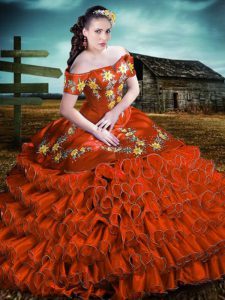 Great Rust Red Off The Shoulder Neckline Embroidery and Ruffles 15 Quinceanera Dress Sleeveless Lace Up