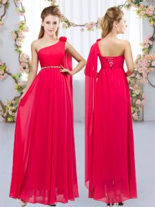 Sleeveless Floor Length Beading and Hand Made Flower Lace Up Wedding Guest Dresses with Red