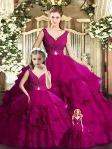 Fuchsia Organza Backless Quince Ball Gowns Sleeveless Floor Length Beading and Ruffles