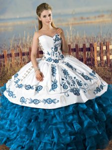 Stunning Teal Sleeveless Satin and Organza Lace Up Quinceanera Gown for Sweet 16 and Quinceanera