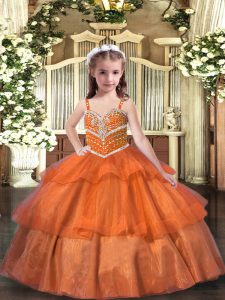 Ball Gowns Kids Formal Wear Orange Straps Organza Sleeveless Floor Length Lace Up