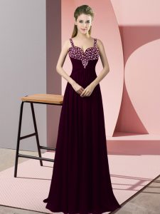 Modest Burgundy Sleeveless Floor Length Beading Zipper Dress for Prom