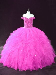 Gorgeous Fuchsia Ball Gowns Off The Shoulder Sleeveless Tulle Floor Length Lace Up Beading and Ruffles Sweet 16 Quinceanera Dress