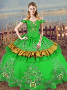 Satin Off The Shoulder Sleeveless Lace Up Embroidery Quinceanera Gown in Green