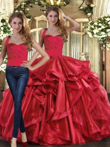 Luxurious Floor Length Red Ball Gown Prom Dress Halter Top Sleeveless Lace Up