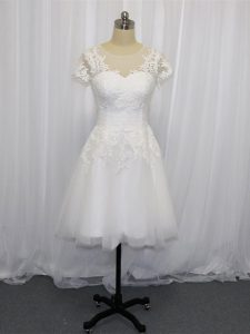 White Scoop Neckline Lace Wedding Gowns Short Sleeves Zipper