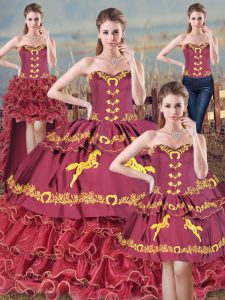 Embroidery and Ruffles Sweet 16 Quinceanera Dress Burgundy Lace Up Sleeveless Brush Train