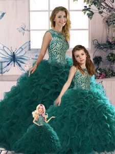 Fashion Peacock Green Quinceanera Gowns Military Ball and Sweet 16 and Quinceanera with Beading and Ruffles Scoop Sleeveless Lace Up