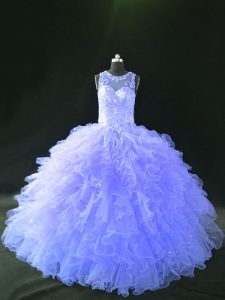 Sleeveless Floor Length Beading and Ruffles Lace Up Quinceanera Gowns with Lavender