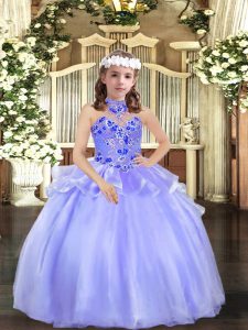 Ball Gowns Girls Pageant Dresses Lavender Halter Top Organza Sleeveless Floor Length Lace Up