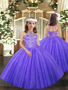 Lavender Ball Gowns Tulle Halter Top Sleeveless Beading and Ruffles Floor Length Lace Up Custom Made Pageant Dress