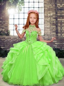 Unique Floor Length Green Little Girls Pageant Dress High-neck Sleeveless Lace Up