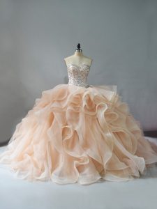 New Arrival Sweetheart Sleeveless Brush Train Lace Up Quinceanera Gown Champagne and Pink And White Organza