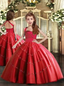 Fashion Ball Gowns Winning Pageant Gowns Red Straps Tulle Sleeveless Floor Length Lace Up