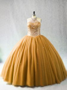Designer Sleeveless Tulle Brush Train Lace Up Ball Gown Prom Dress in Gold with Beading