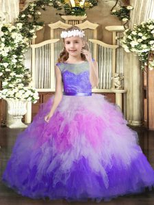 Multi-color Tulle Backless V-neck Sleeveless Floor Length Pageant Dress Toddler Lace and Ruffles