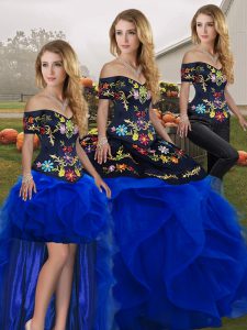 Three Pieces 15th Birthday Dress Royal Blue Off The Shoulder Tulle Sleeveless Floor Length Lace Up