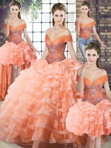 Dramatic Off The Shoulder Sleeveless Organza Quinceanera Gowns Beading and Ruffled Layers Brush Train Lace Up