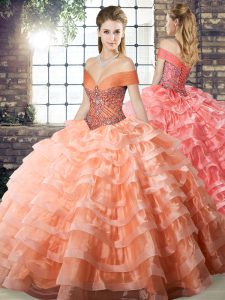 High Quality Off The Shoulder Sleeveless Sweet 16 Quinceanera Dress Brush Train Beading and Ruffled Layers Peach Organza