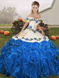 Fabulous Sleeveless Organza Floor Length Lace Up Quinceanera Dress in Blue And White with Embroidery and Ruffles