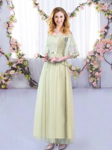 Tulle Off The Shoulder Half Sleeves Side Zipper Lace and Belt Wedding Guest Dresses in Yellow Green