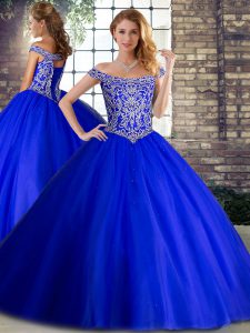 Pretty Royal Blue Quinceanera Gowns Tulle Brush Train Sleeveless Beading