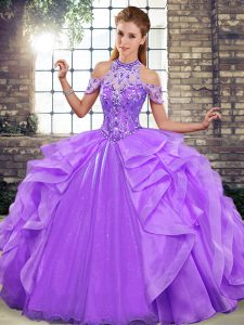 Affordable Organza Halter Top Sleeveless Lace Up Beading and Ruffles 15 Quinceanera Dress in Lavender