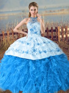 Superior Baby Blue Halter Top Neckline Embroidery and Ruffles Sweet 16 Dresses Sleeveless Lace Up