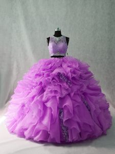 Zipper Sweet 16 Dresses Lilac for Sweet 16 and Quinceanera with Beading and Ruffles Brush Train