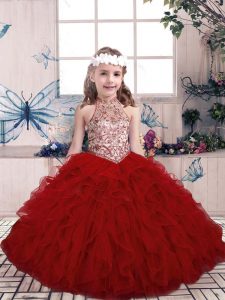Super High-neck Sleeveless Little Girl Pageant Gowns Floor Length Beading and Ruffles Red Tulle